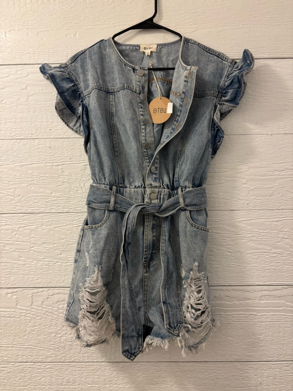 NEW BIBI DISTRESSED DENIM ROMPER